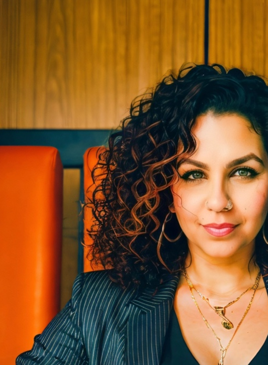 Portrait of a woman with black hair and tanned skin sitting in front of a wood panel background.