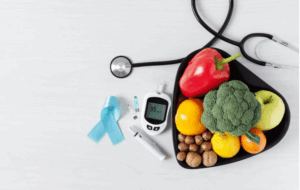 vegetables with black plate and medical tools